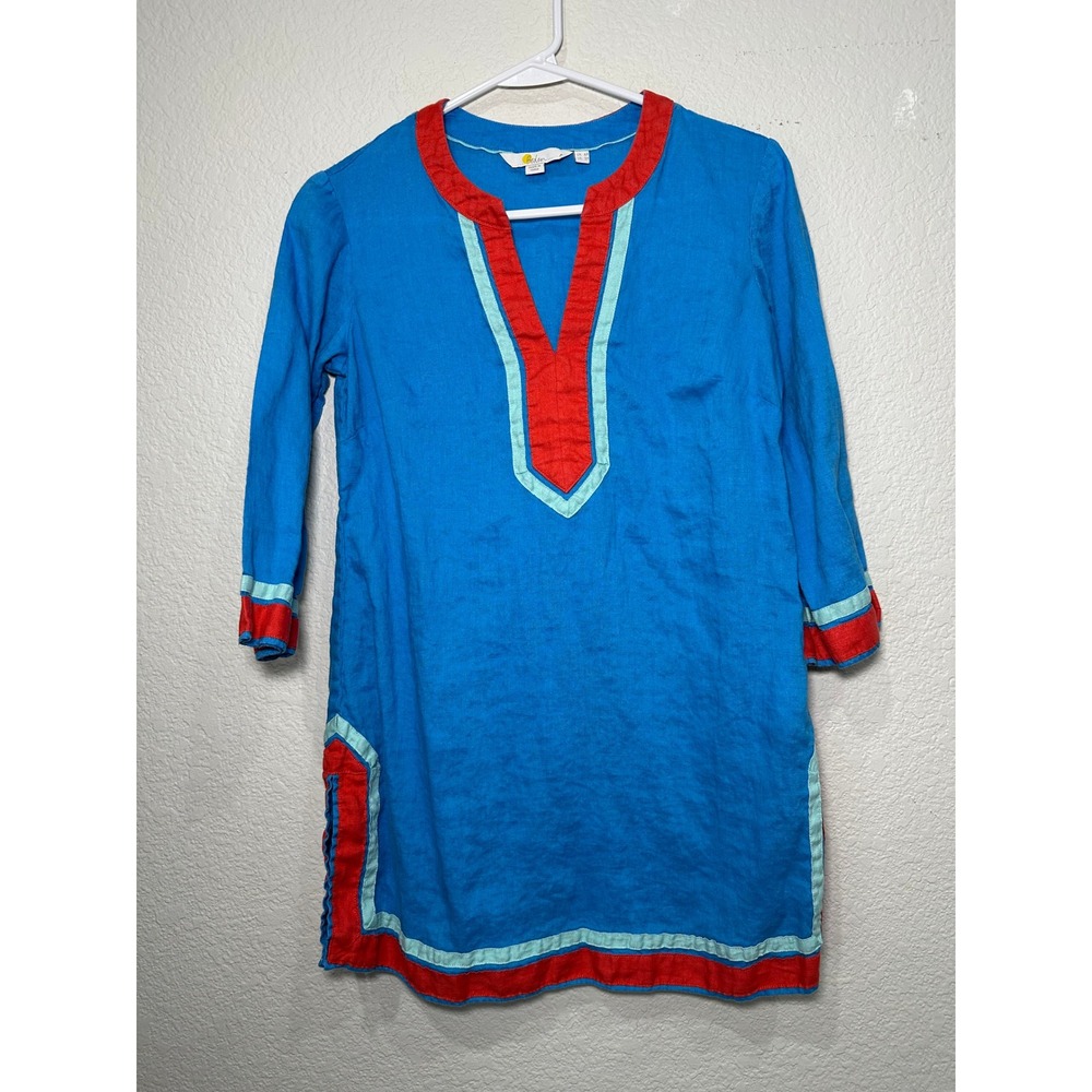 Boden Blue 100% Linen Tunic Top Red Trim Notched V-Neck 2P WA794